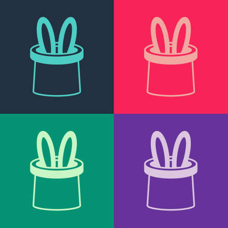 Pop art Magician hat and rabbit ears icon isolated on color background. Magic trick. Mystery entertainment concept. Vectorのイラスト素材