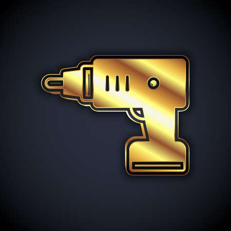 Gold Electric cordless screwdriver icon isolated on black background. Electric drill machine. Repair tool. Vectorのイラスト素材