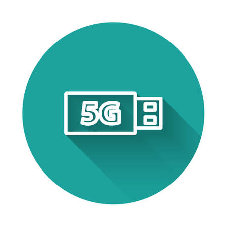 White line 5G modem for fast mobile Internet icon isolated with long shadow. Global network high speed connection data rate technology. Green circle button. Vectorのイラスト素材