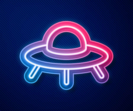 Glowing neon line UFO flying spaceship icon isolated on blue background. Flying saucer. Alien space ship. Futuristic unknown flying object. Vectorのイラスト素材