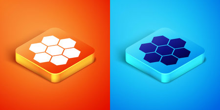 Isometric Honeycomb icon isolated on orange and blue background. Honey cells symbol. Sweet natural...