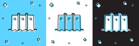 Set Hydroelectric dam icon isolated on blue and white, black background. Water energy plant....