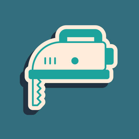 Green Electric jigsaw with steel sharp blade icon isolated on green background. Power tool for woodwork. Long shadow style. Vectorのイラスト素材