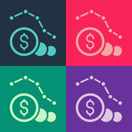 Pop art Dollar rate decrease icon isolated on color background. Cost reduction. Money symbol with down arrow. Business lost crisis decrease. Vectorのイラスト素材