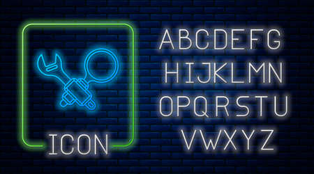 Glowing neon Debugging icon isolated on brick wall background. Debugging tool. Magnifying glass on bug programming. Testing and setting software. Neon light alphabet. Vectorのイラスト素材