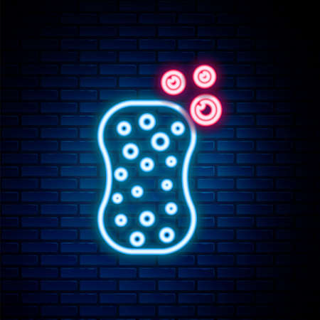 Glowing neon line Sponge with bubbles icon isolated on brick wall background. Wisp of bast for washing dishes. Cleaning service. Colorful outline concept. Vectorのイラスト素材