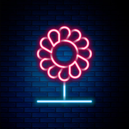 Glowing neon line Flower icon isolated on brick wall background. Colorful outline concept. Vectorのイラスト素材