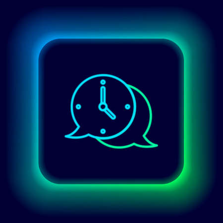 Glowing neon line Clock with speech bubble icon isolated on black background. Time sign. Office watch or timer symbol. Colorful outline concept. Vectorのイラスト素材