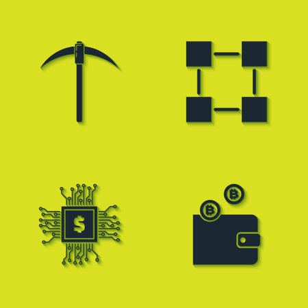 Set Pickaxe, Cryptocurrency wallet, Processor chip with dollar and Blockchain technology icon. Vectorのイラスト素材