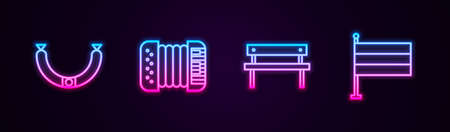Set line Sausage, Accordion, Bench and National Germany flag. Glowing neon icon. Vectorのイラスト素材