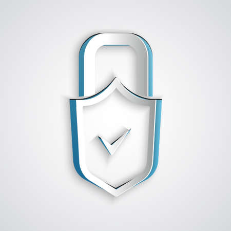 Paper cut Open padlock and check mark icon isolated on grey background. Cyber security concept. Digital data protection. Safety safety. Paper art style. Vectorのイラスト素材