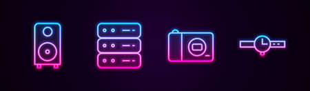 Set line Stereo speaker, Server, Data, Web Hosting, Photo camera and Wrist watch. Glowing neon icon. Vectorのイラスト素材