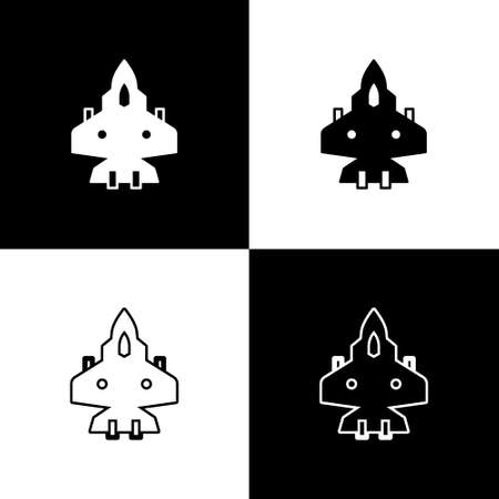 Set Jet fighter icon isolated on black and white background. Military aircraft. Vectorのイラスト素材