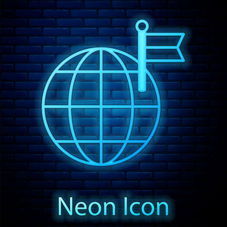 Glowing neon Planet with flag icon isolated on brick wall background. Victory, winning and conquer adversity concept. Vectorのイラスト素材