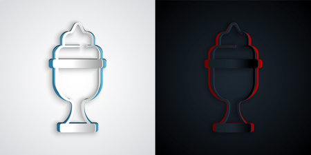 Paper cut Ice cream in the bowl icon isolated on grey and black background. Sweet symbol. Paper art...