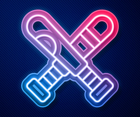 Glowing neon line Crossed baseball bat icon isolated on blue background. Vectorのイラスト素材