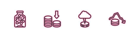 Set line Glass money jar with coin, Storm, Dollar rate decrease icon. Vectorのイラスト素材