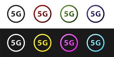 Set 5G new wireless internet wifi connection icon isolated on black and white background. Global network high speed connection data rate technology. Vectorのイラスト素材