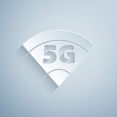 Paper cut 5G new wireless internet wifi connection icon isolated on grey background. Global network high speed connection data rate technology. Paper art style. Vectorのイラスト素材