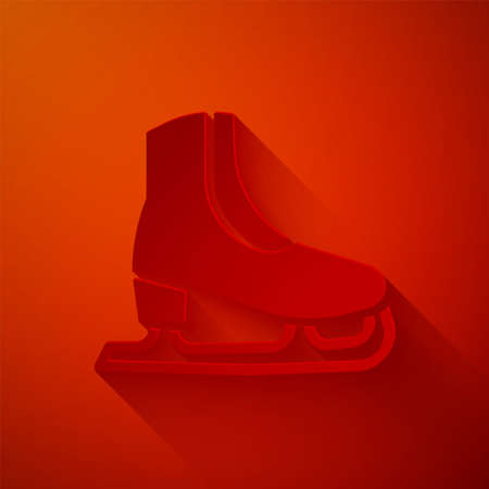 Paper cut Skates icon isolated on red background. Ice skate shoes icon. Sport boots with blades. Paper art style. Vectorのイラスト素材