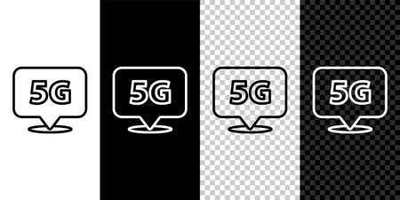 Set line Location 5G new wireless internet wifi connection icon isolated on black and white background. Global network high speed connection data rate technology. Vectorのイラスト素材