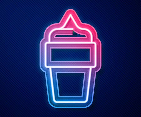 Glowing neon line Ice cream in waffle cone icon isolated on blue background. Sweet symbol. Vectorのイラスト素材