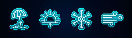 Set line Sun protective umbrella for beach, Sunrise, Snowflake and Wind. Glowing neon icon. Vectorのイラスト素材