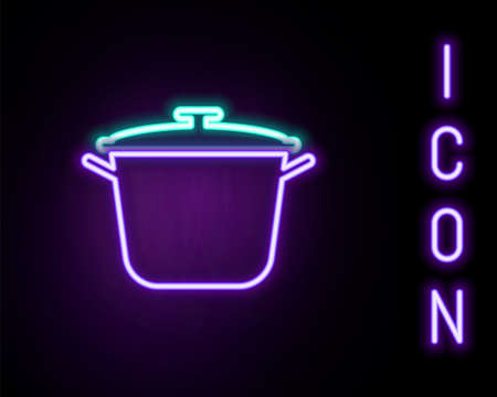Glowing neon line Cooking pot icon isolated on black background. Boil or stew food symbol. Colorful outline concept. Vectorのイラスト素材