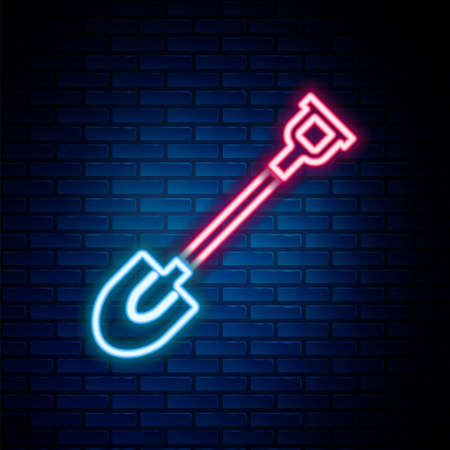 Glowing neon line Garden shovel icon isolated on brick wall background. Gardening tool. Tool for horticulture, agriculture, farming. Colorful outline concept. Vectorのイラスト素材