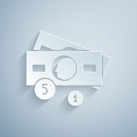 Paper cut Stacks paper money cash icon isolated on grey background. Money banknotes stacks. Bill currency. Paper art style. Vector Illustrationのイラスト素材