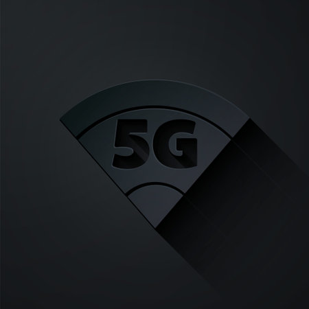 Paper cut 5G new wireless internet wifi connection icon isolated on black background. Global network high speed connection data rate technology. Paper art style. Vectorのイラスト素材
