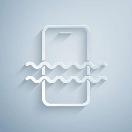 Paper cut Waterproof mobile phone icon isolated on grey background. Smartphone with drop of water. Paper art style. Vectorのイラスト素材