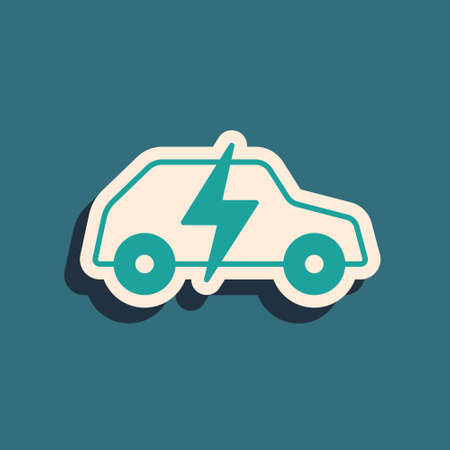 Green Electric car and electrical cable plug charging icon isolated on green background. Renewable eco technologies. Long shadow style. Vectorのイラスト素材