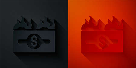 Paper cut Burning dollar bill icon isolated on black and red background. Dollar bill on fire. Burning of savings. Paper art style. Vectorのイラスト素材