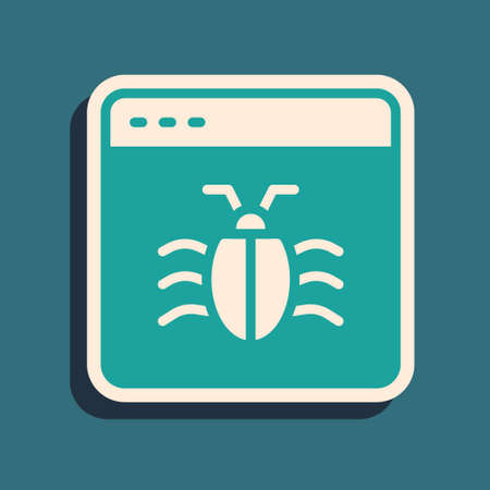 Green System bug concept icon isolated on green background. Code bug concept. Bug in the system. Bug searching. Long shadow style. Vectorのイラスト素材