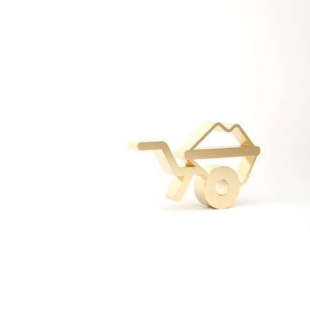 Gold Wheelbarrow with dirt icon isolated on white background. Tool equipment. Agriculture cart wheel farm. 3d illustration 3D renderの写真素材