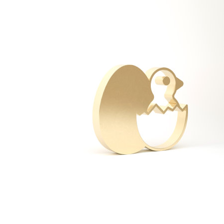 Gold Little chick in cracked egg icon isolated on white background. 3d illustration 3D renderの写真素材