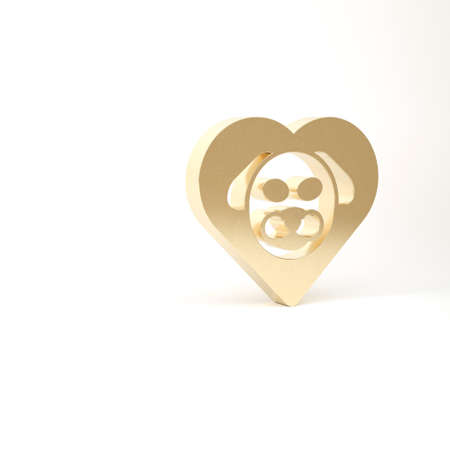 Gold Heart with dog icon isolated on white background. Pet paw in heart. Love to the animals. 3d illustration 3D renderの写真素材