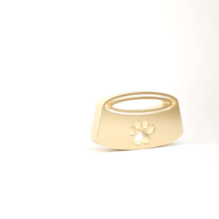 Gold Pet food bowl for cat or dog icon isolated on white background. Dog or cat paw print. 3d illustration 3D renderの写真素材