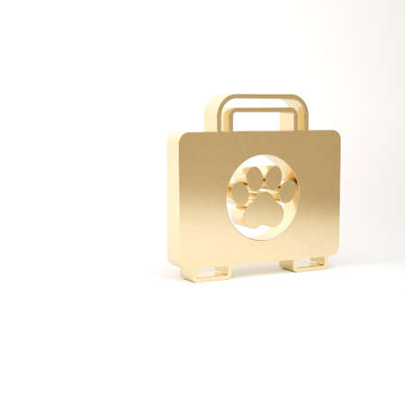 Gold Pet first aid kit icon isolated on white background. Dog or cat paw print. Clinic box. 3d illustration 3D renderの写真素材