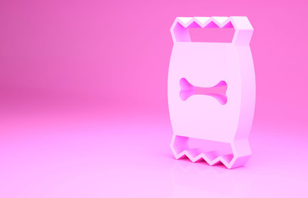 Pink Bag of food for pet icon isolated on pink background. Food for animals. Dog bone sign. Pet food package. Minimalism concept. 3d illustration 3D renderの写真素材