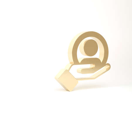 Gold Hand for search a people icon isolated on white background. Recruitment or selection concept. Search for employees and job. 3d illustration 3D renderの写真素材