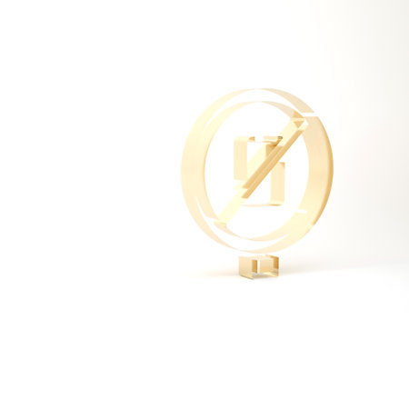 Gold No cell phone icon isolated on white background. No talking and calling sign. Cell prohibition. 3d illustration 3D renderの写真素材