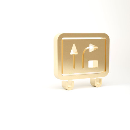 Gold Road traffic sign. Signpost icon isolated on white background. Pointer symbol. Isolated street information sign. Direction sign. 3d illustration 3D renderの写真素材