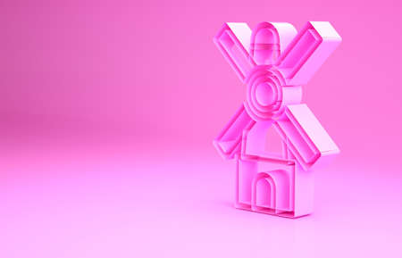 Pink Windmill icon isolated on pink background. Minimalism concept. 3d illustration 3D renderの写真素材