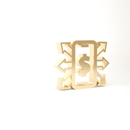 Gold Smartphone with dollar symbol icon isolated on white background. Online shopping concept....