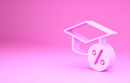 Pink Graduation cap and coin icon isolated on pink background. Education and money. Concept of scholarship cost or loan, tuition or study fee. Minimalism concept. 3d illustration 3D renderの写真素材