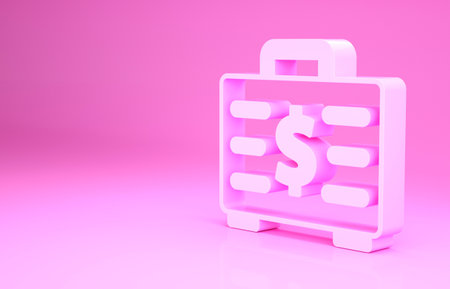 Pink Briefcase and money icon isolated on pink background. Business case sign. Business portfolio. Minimalism concept. 3d illustration 3D renderの写真素材