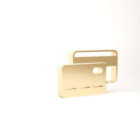 Gold Credit card icon isolated on white background. Online payment. Cash withdrawal. Financial operations. Shopping sign. 3d illustration 3D renderの写真素材
