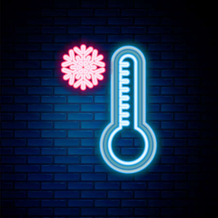 Glowing neon line Meteorology thermometer measuring heat and cold icon isolated on brick wall background. Thermometer equipment showing hot or cold weather. Colorful outline concept. Vectorのイラスト素材